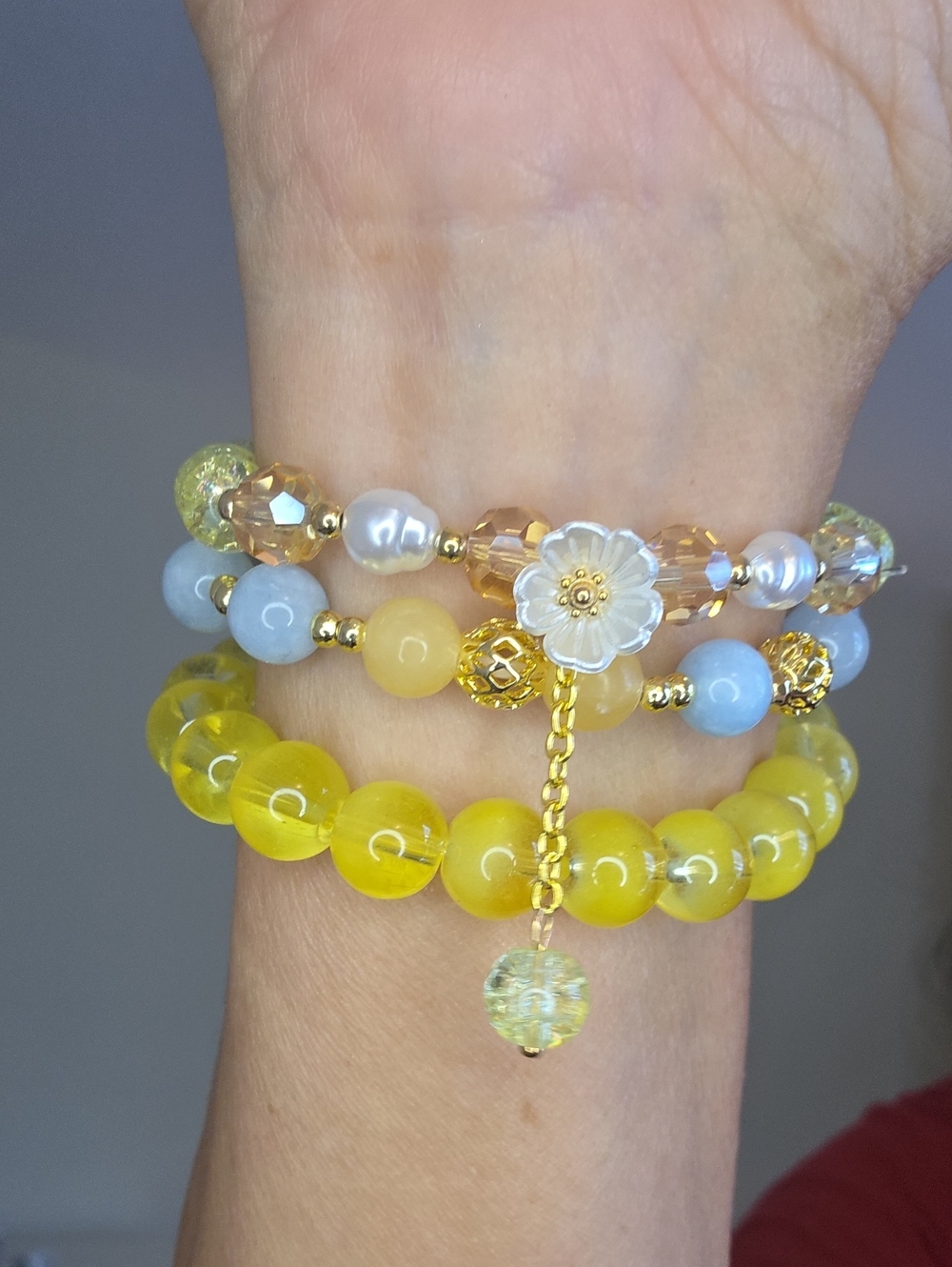 Glass Yellow & Blue Beaded Flower Bracelet Stack